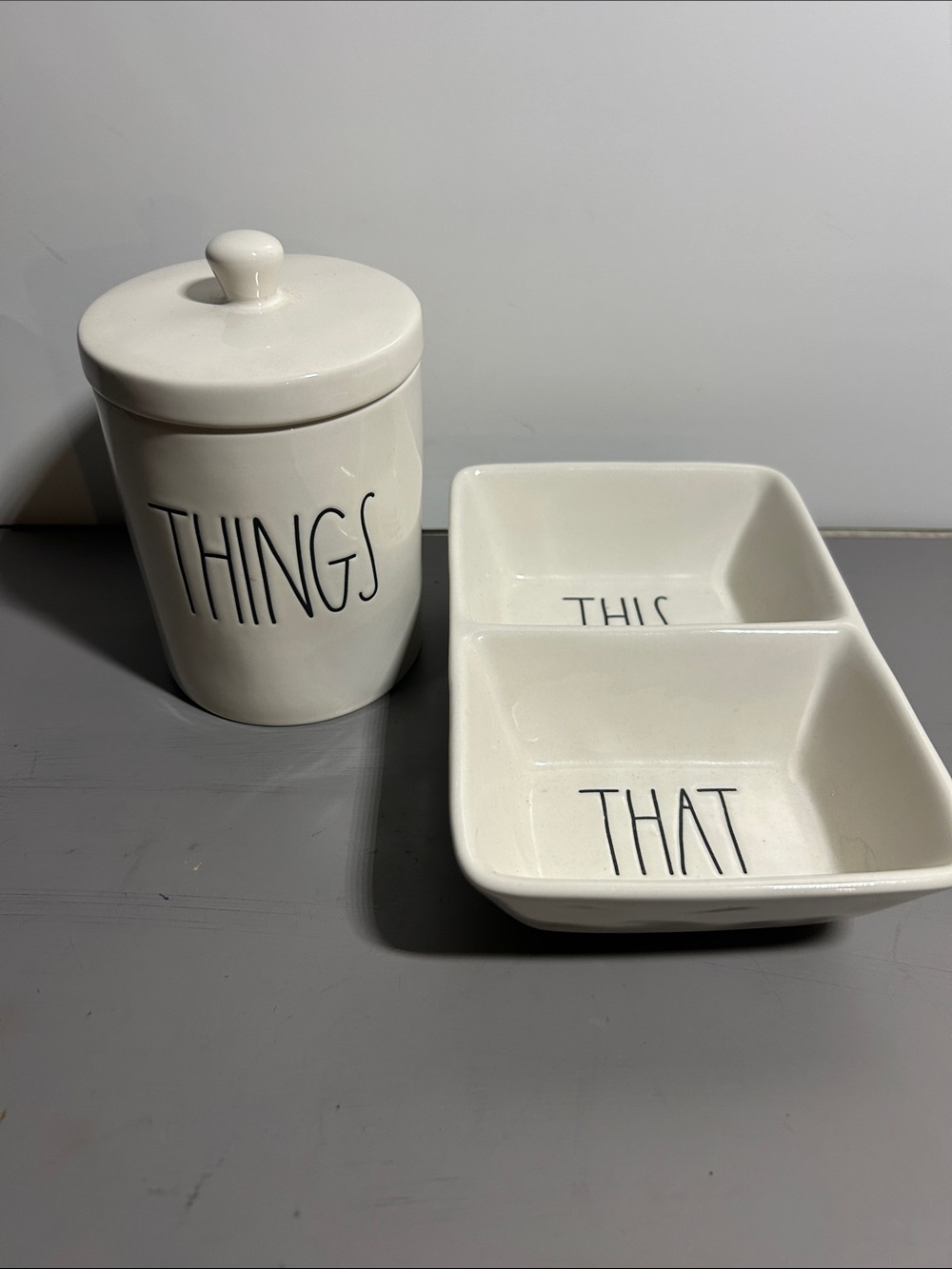 Rae Dunn White Ceramic 'THINGS / THIS / THAT' Canister and Divided Dip Dish Set
